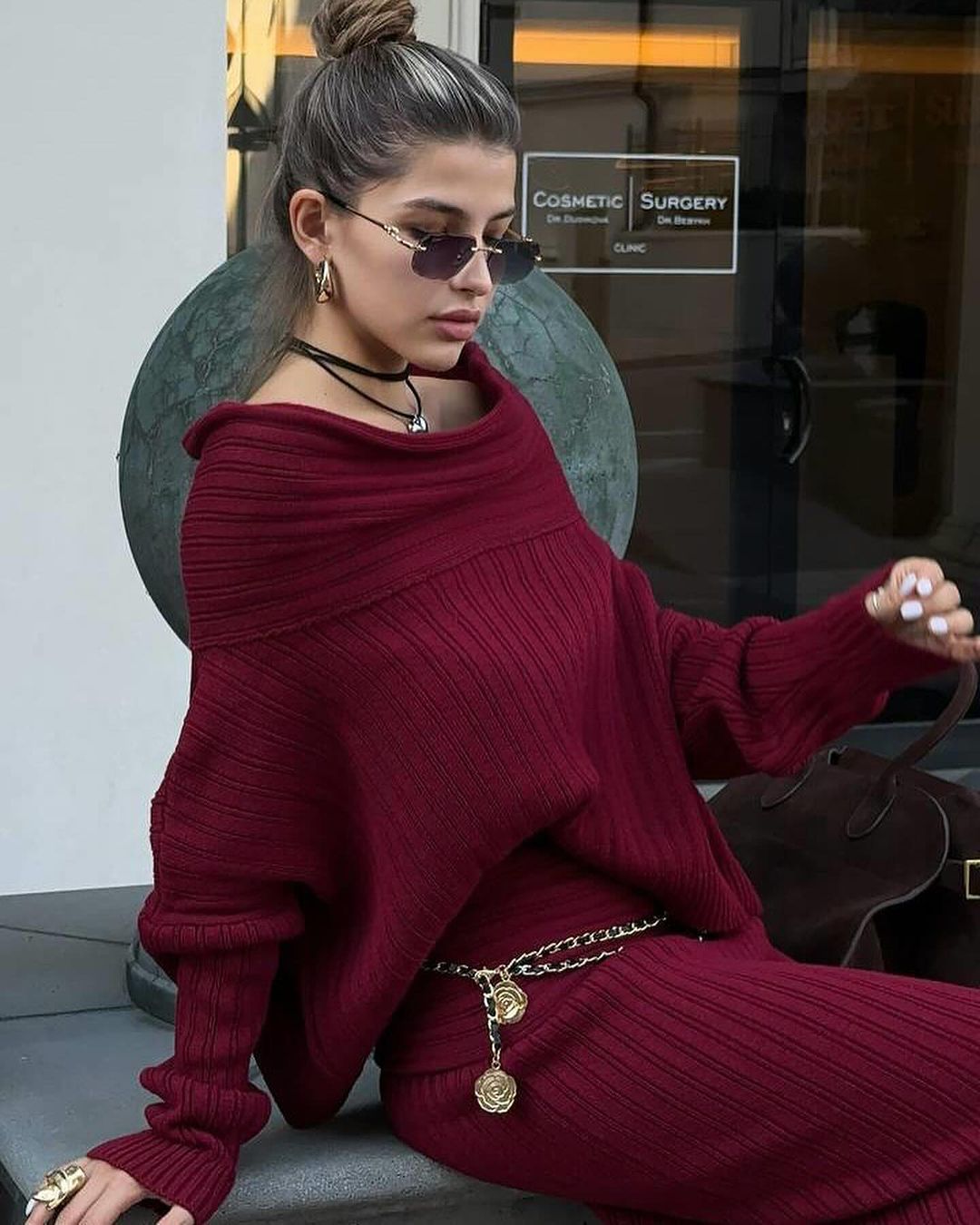 Off-Shoulder Knit Set – Wine Red Winter Outfit