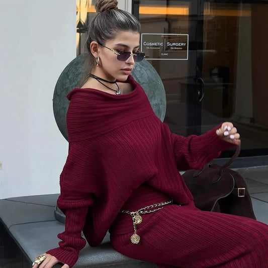 Off-Shoulder Knit Set – Wine Red Winter Outfit