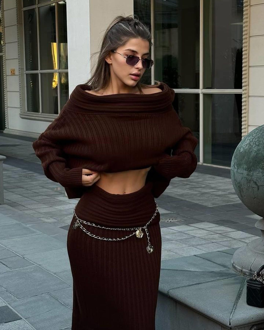 Off-Shoulder Knit Set – Wine Red Winter Outfit