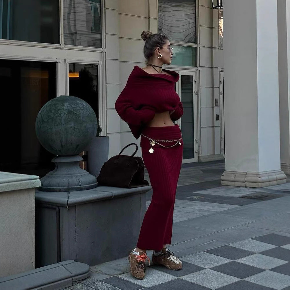 Off-Shoulder Knit Set – Wine Red Winter Outfit