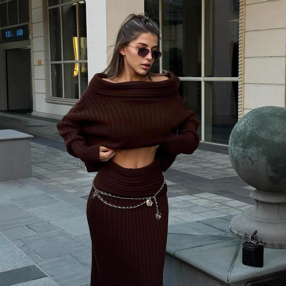 Off-Shoulder Knit Set – Wine Red Winter Outfit